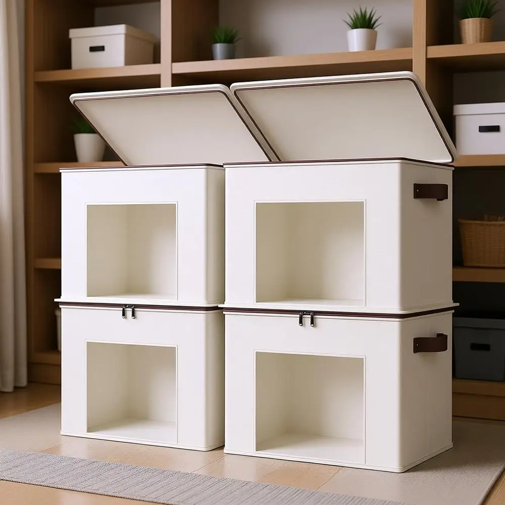 Fabric Storage Bins with Lid 4-Pack Stackable Cloth Storage Bins Sweater Organizer with Zipper & Clear Window Closet Organizers
Fabric Storage Bins with Lid 4-Pack Stackable Cloth Storage Bins Sweater Organizer with Zipper & Clear Window Closet Organizers