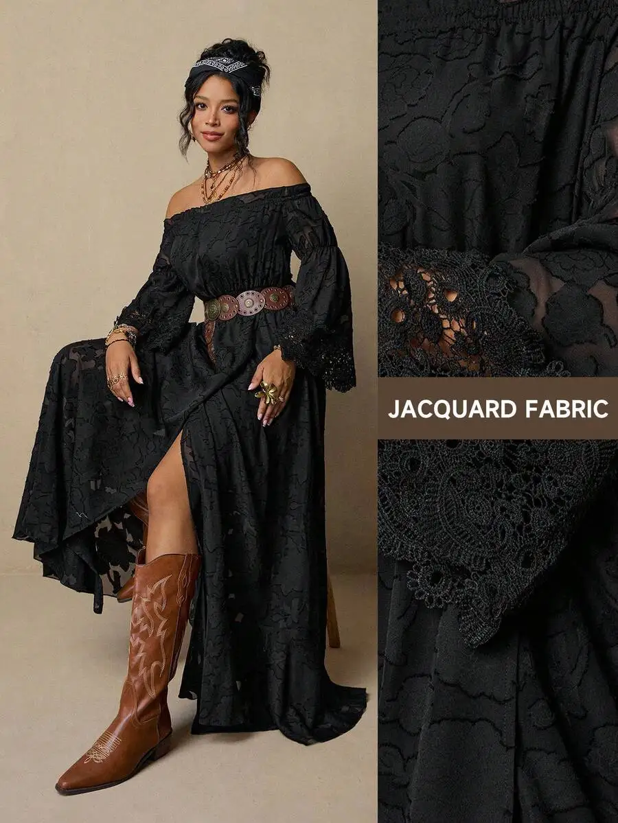 Off Shoulder Boho Maxi Dress With High Slit And Lace Detail Black Jacquard Fabric
Off Shoulder Boho Maxi Dress With High Slit And Lace Detail Black Jacquard Fabric