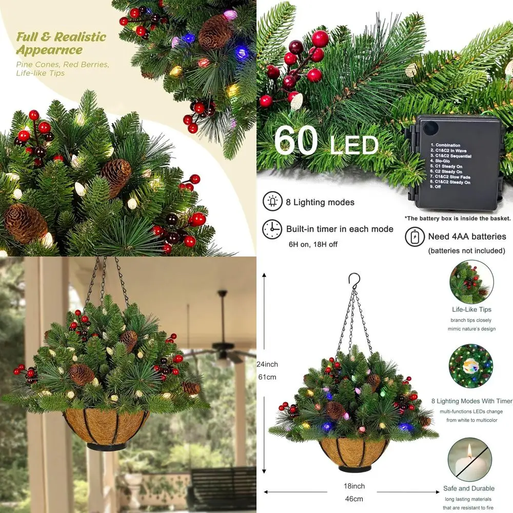 Battery-Powered Dual-Color LED Christmas Basket, 18 with Red Berries & Pine Cones, 40 Lights, Timer Function
Battery-Powered Dual-Color LED Christmas Basket, 18 with Red Berries & Pine Cones, 40 Lights, Timer Function