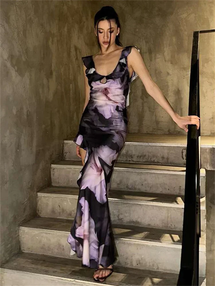 Ruffled Printed Backless Long Dress For Women Lace-Up Sexy Sleeveless Summer Fashion Bandage Dress Female Maxi Dress 2025
Ruffled Printed Backless Long Dress For Women Lace-Up Sexy Sleeveless Summer Fashion Bandage Dress Female Maxi Dress 2025