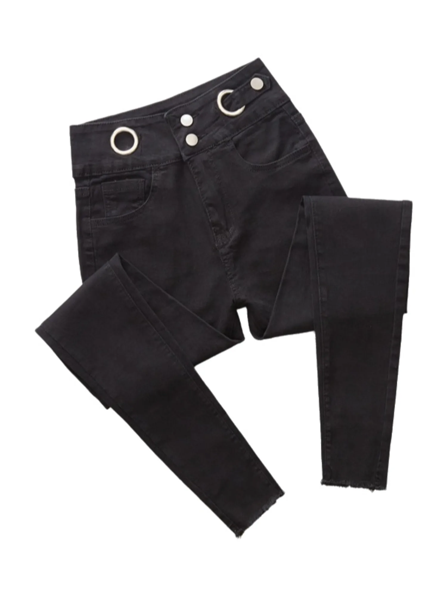 Women's High Waist Skinny Jeans Metal Ring Detail 3-Button Closure Vintage Washed Slim Denim Pants Raw Hem
Women's High Waist Skinny Jeans Metal Ring Detail 3-Button Closure Vintage Washed Slim Denim Pants Raw Hem