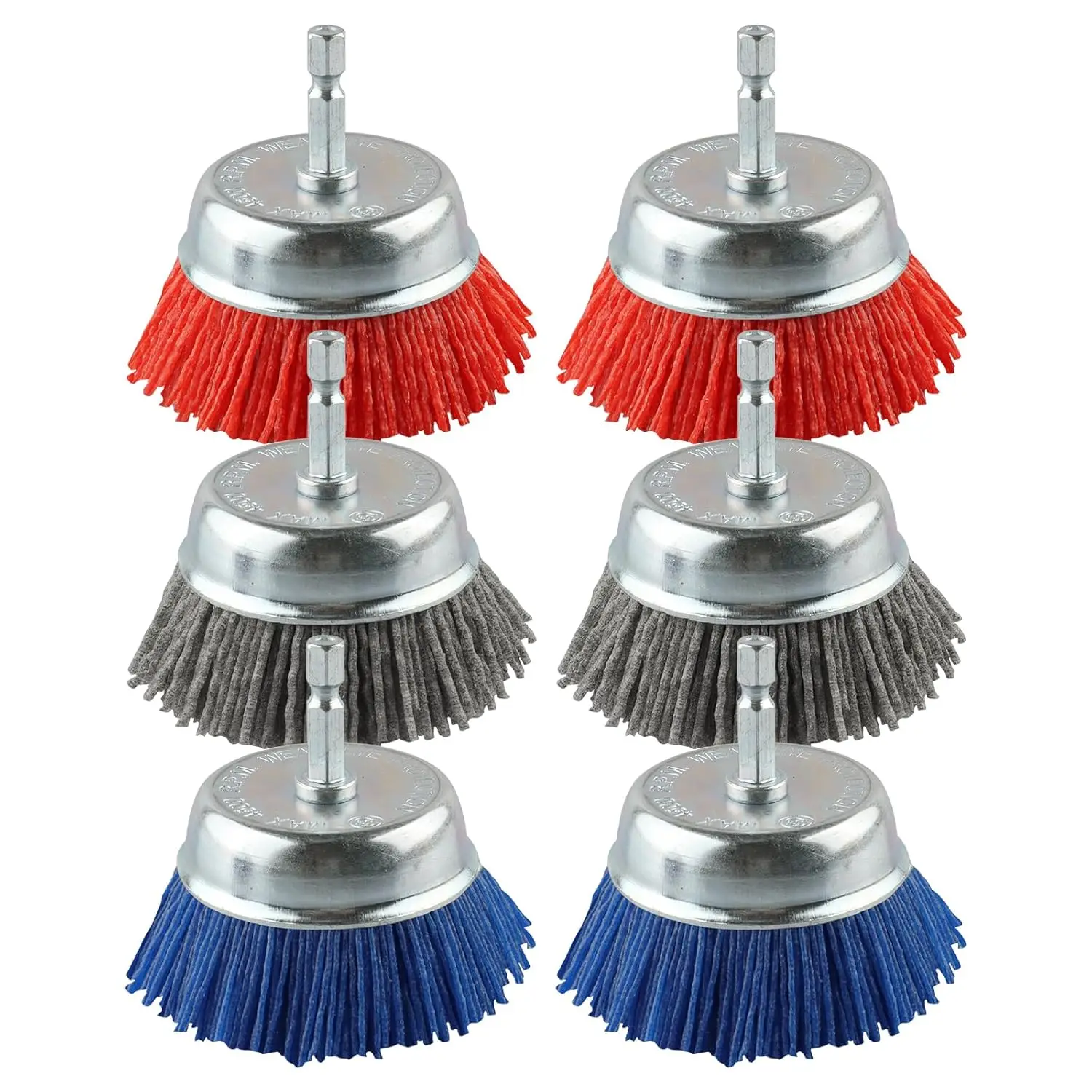 6 Pack Nylon Filament Abrasive Cup Brush Set with 1/4 Inch Hex Shank for Rust Paint Removal 80 120 240 Grit
6 Pack Nylon Filament Abrasive Cup Brush Set with 1/4 Inch Hex Shank for Rust Paint Removal 80 120 240 Grit