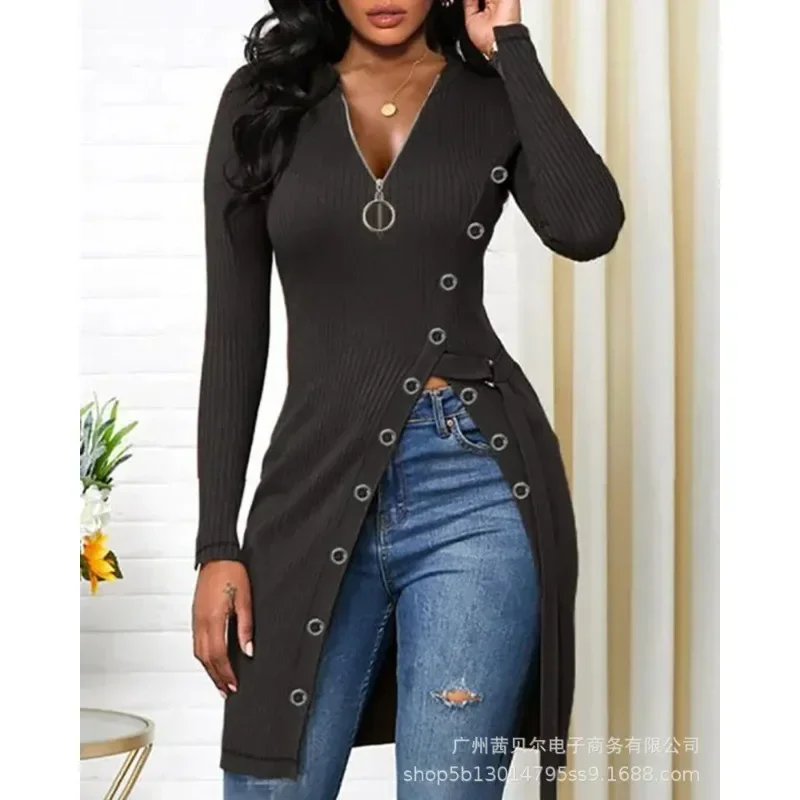 Long Sleeve High Slit T-shirt V-neck Summer Tshirts Women Casual Solid Color Zipper Collar Slim Fits Long Tshirts Top
Long Sleeve High Slit T-shirt V-neck Summer Tshirts Women Casual Solid Color Zipper Collar Slim Fits Long Tshirts Top