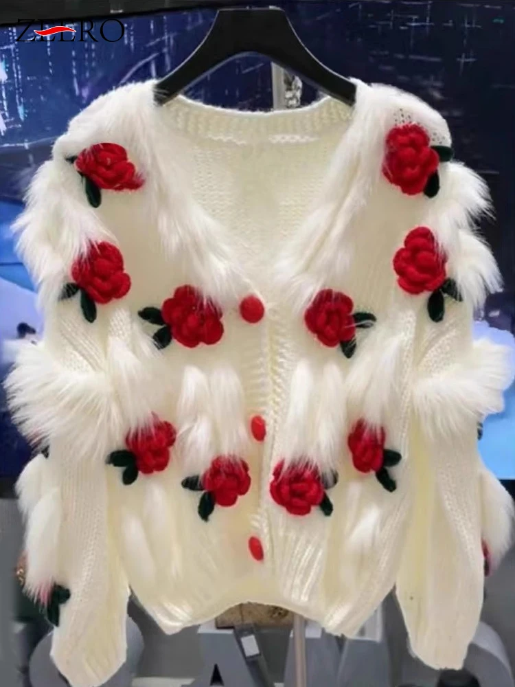 High Quality Plush Knitted Sweater Cardigan Faux Fox Fur Sweater Coat Female Fall Winter Women Clothes Sweet Rose Flowers Jacket
High Quality Plush Knitted Sweater Cardigan Faux Fox Fur Sweater Coat Female Fall Winter Women Clothes Sweet Rose Flowers Jacket