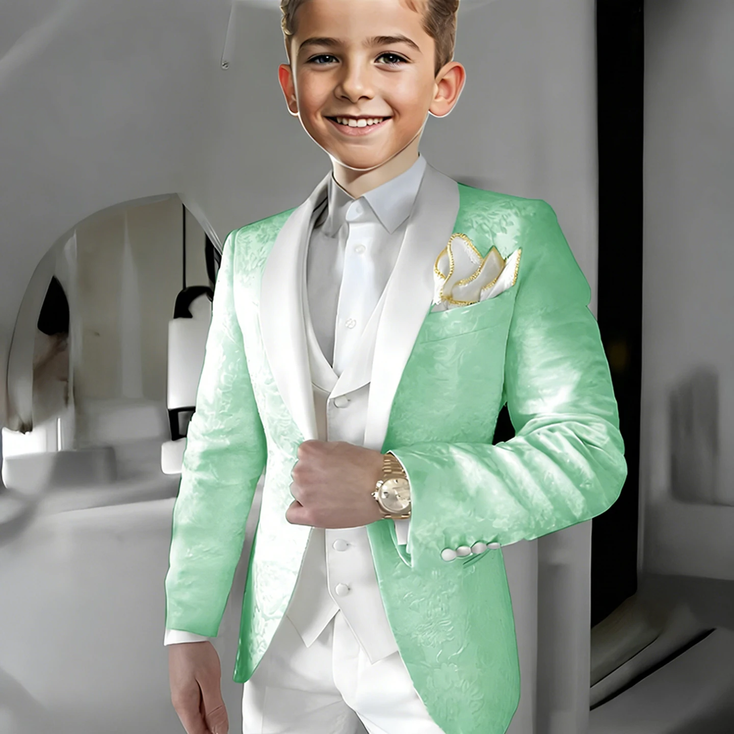 Elegant Mint Green Boys Formal Three-Piece Tuxedo Suit Set Long Sleeves and Notch Lapel Suit Set Regular Length Boys Blazer
Elegant Mint Green Boys Formal Three-Piece Tuxedo Suit Set Long Sleeves and Notch Lapel Suit Set Regular Length Boys Blazer