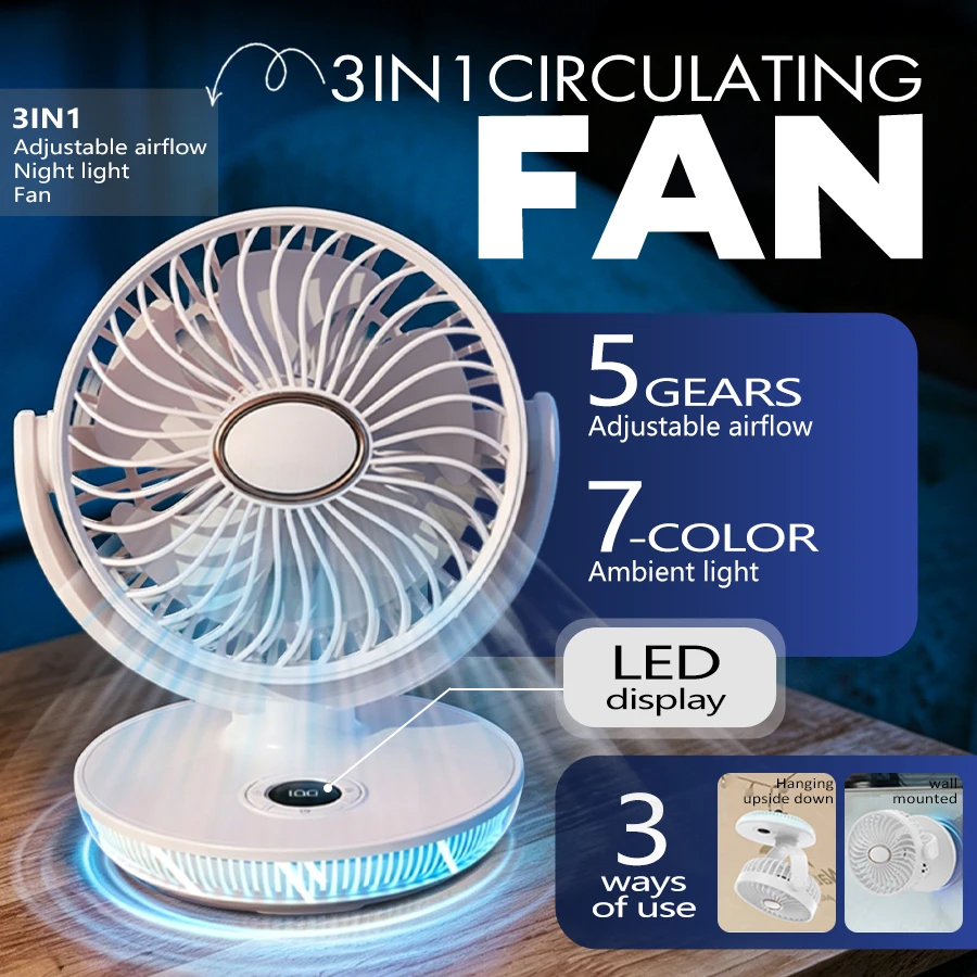 5 Speeds Portable Table Fan, 7 Color Light, 1-8H Timer, LED Display, Hanging USB Fan Quiet Wall Mounted Fan Rechargeable
5 Speeds Portable Table Fan, 7 Color Light, 1-8H Timer, LED Display, Hanging USB Fan Quiet Wall Mounted Fan Rechargeable
