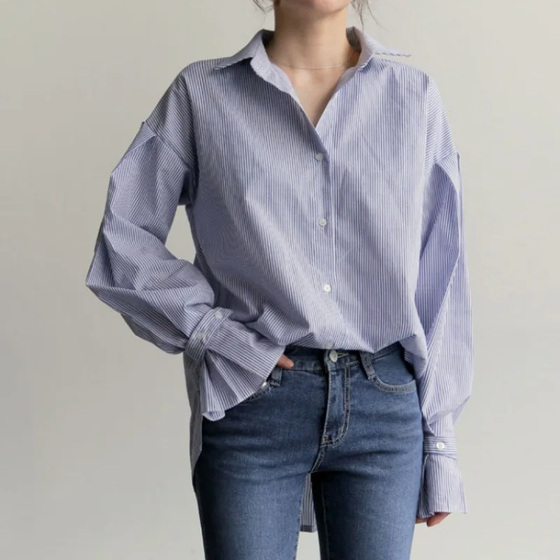 Women's Blue White Striped Oversized Button-Down Shirt, Long Sleeve Casual Blouse with Split Cuffs, Loose-Fit Daily Wear
Women's Blue White Striped Oversized Button-Down Shirt, Long Sleeve Casual Blouse with Split Cuffs, Loose-Fit Daily Wear