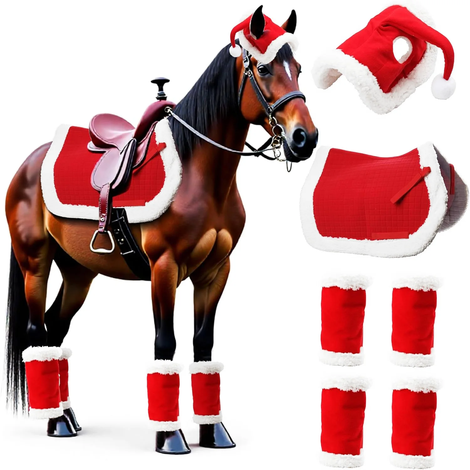 6-Piece set Christmas horse leggings horse hat winter warm horse saddle pad can be printed with logo
6-Piece set Christmas horse leggings horse hat winter warm horse saddle pad can be printed with logo