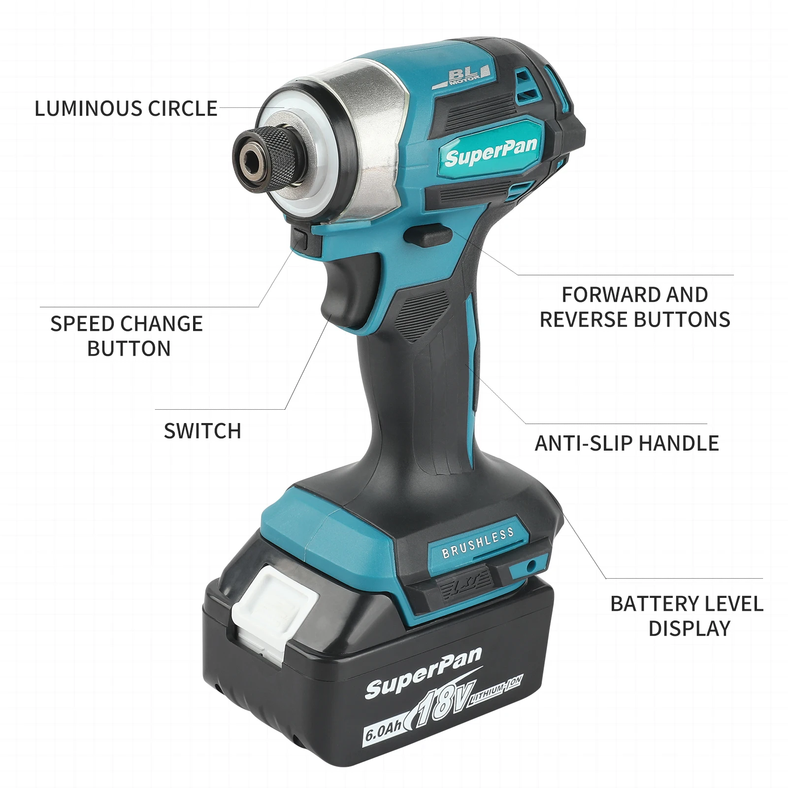 SuperPan DTD173 Brushless Impact Driver 6.0Ah 3-speed for Home Appliance Installation Car Repair for makita 18V battery pin
SuperPan DTD173 Brushless Impact Driver 6.0Ah 3-speed for Home Appliance Installation Car Repair for makita 18V battery pin