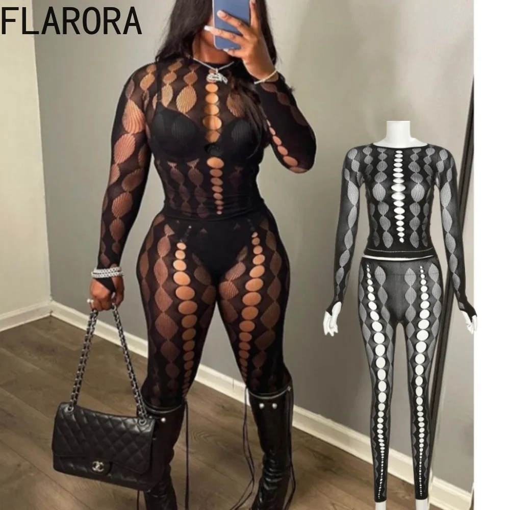 FLARORA Sexy Black Mesh Hollow Out 2pcs Sets Woman Round Neck Long Sleeve Slim Tops And Pants Outfits Female Midnight Clubwear
FLARORA Sexy Black Mesh Hollow Out 2pcs Sets Woman Round Neck Long Sleeve Slim Tops And Pants Outfits Female Midnight Clubwear