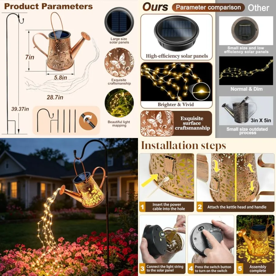 Solar Lanterns Outdoor Decorative: Metal Watering Can with Cascading LED Lights and Hook - Waterproof Hanging Garden for Yard P
Solar Lanterns Outdoor Decorative: Metal Watering Can with Cascading LED Lights and Hook - Waterproof Hanging Garden for Yard P