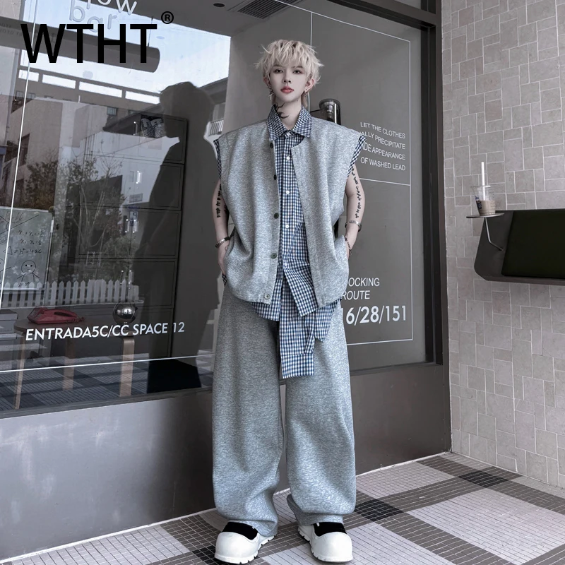 WTHT Trendy Summer Men's Suit Spliced Plaid Fake Two-piece Lapel Vest Solid Color Loose Wide Leg Straight Pants Set Male 2A0289
WTHT Trendy Summer Men's Suit Spliced Plaid Fake Two-piece Lapel Vest Solid Color Loose Wide Leg Straight Pants Set Male 2A0289
