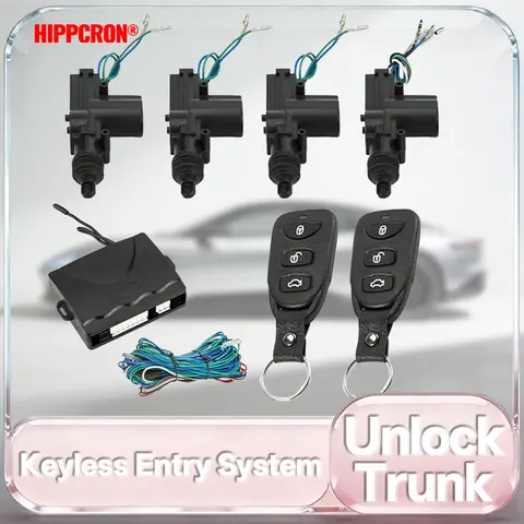 Hippcron 12V Car Remote Control Lock Door Keyless Entry System Locking Kit with 4 Door Lock Actuator Universal2 Remote Control