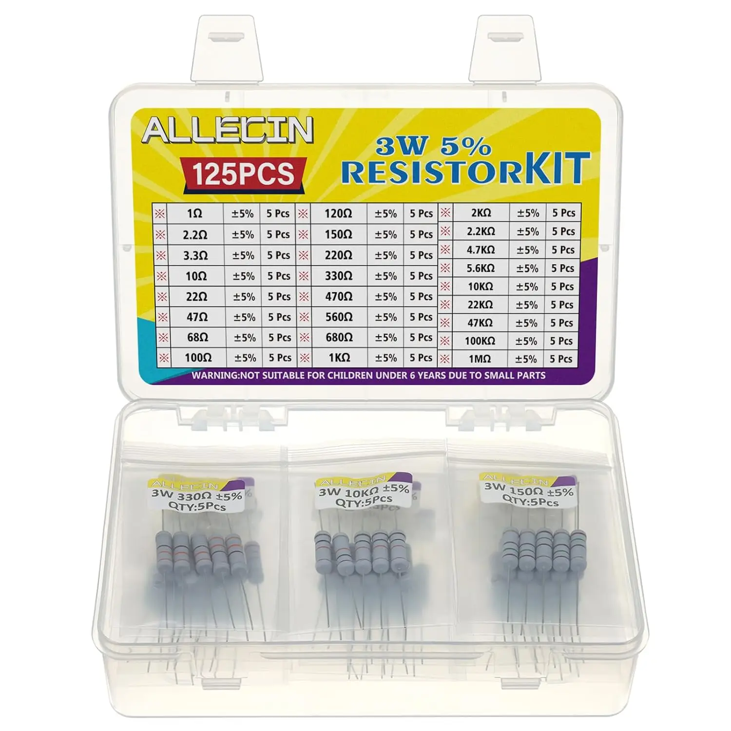 3W Carbon Film Resistor Kit 1 Ohm to 1M Ohm 25 Values 3 Watt 5% Resistors Assortment
3W Carbon Film Resistor Kit 1 Ohm to 1M Ohm 25 Values 3 Watt 5% Resistors Assortment