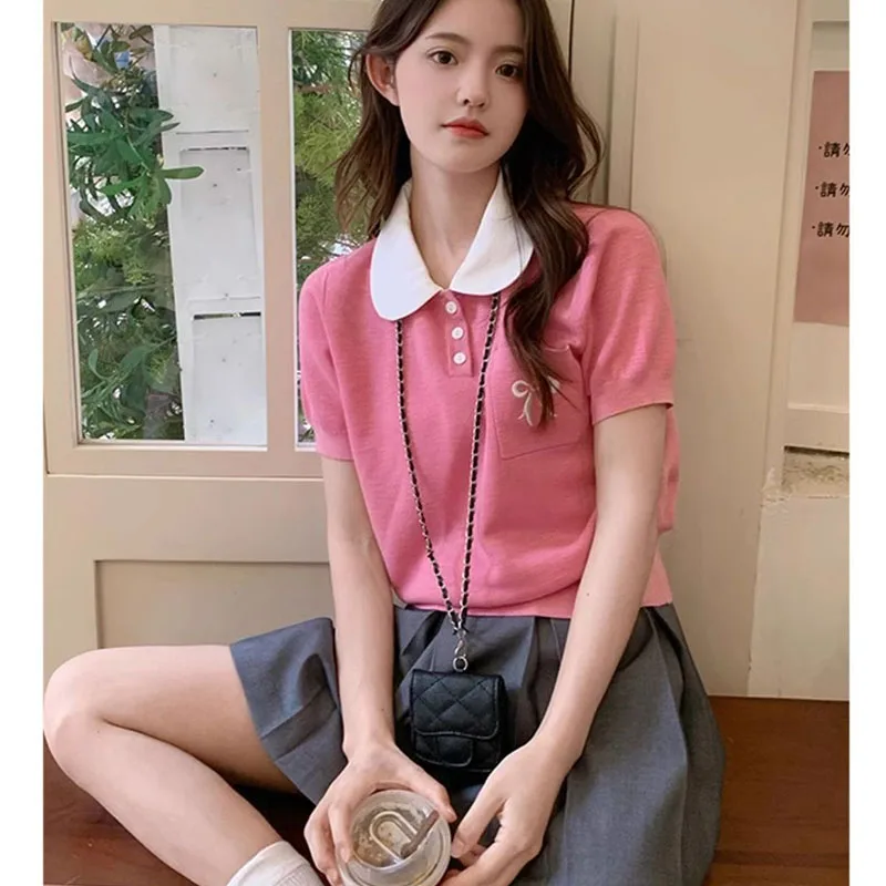 Women Vintage Preppy Style Knitted Contrast Top Tee Summer Bow Embroidery Casual Short Style Elastic Slim T-shirt
Women Vintage Preppy Style Knitted Contrast Top Tee Summer Bow Embroidery Casual Short Style Elastic Slim T-shirt