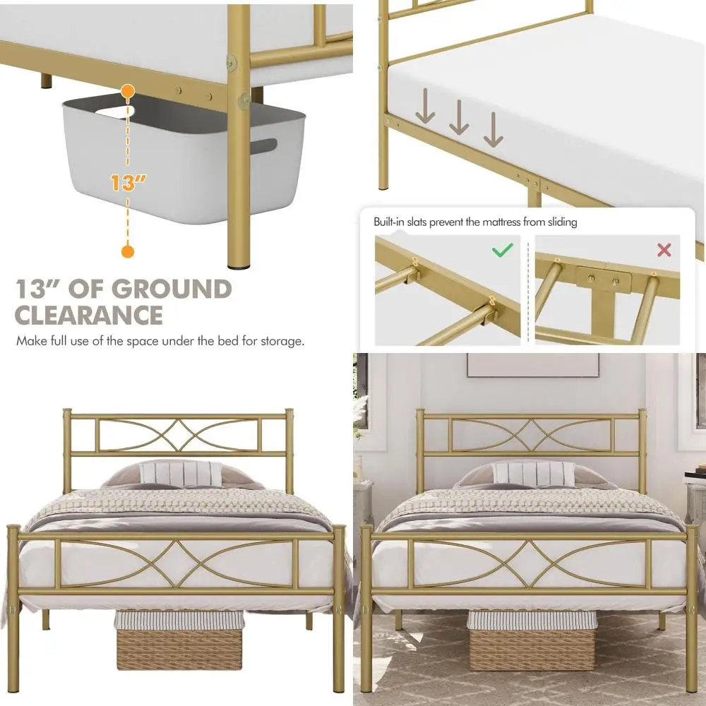 Twin Size Metal Bed Frame with Curved Antique Gold Headboard and Footboard, Platform Base, Sturdy Support, Simple Assembly
Twin Size Metal Bed Frame with Curved Antique Gold Headboard and Footboard, Platform Base, Sturdy Support, Simple Assembly