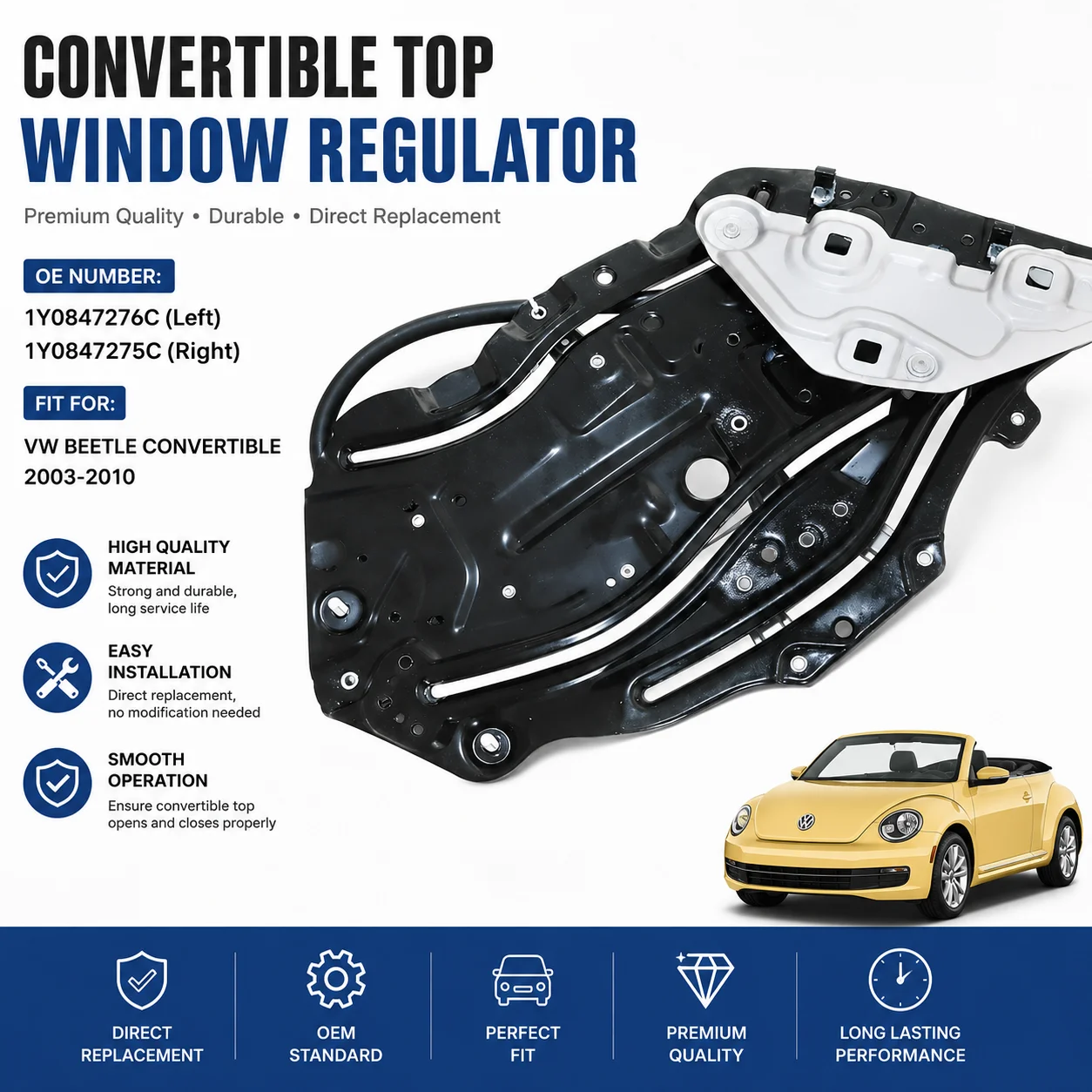 Rear Right Window Regulator Lifter 1Y0847276C Compatible with VW Beetle Convertible 2003-2010
Rear Right Window Regulator Lifter 1Y0847276C Compatible with VW Beetle Convertible 2003-2010