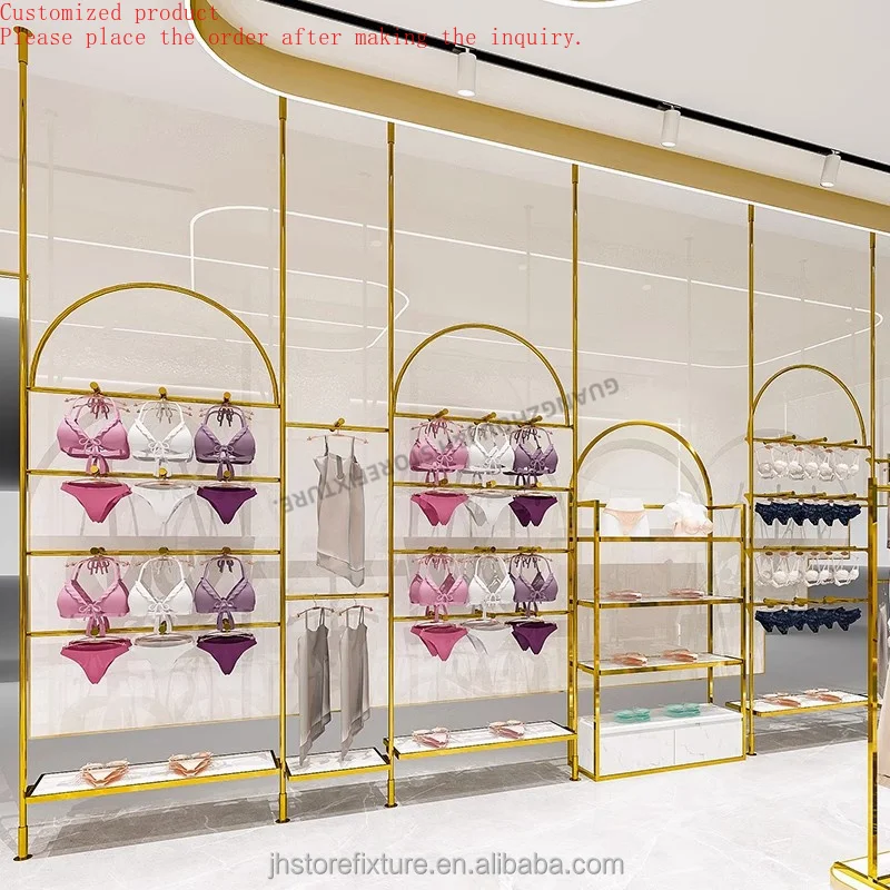 Factory Price Free Standing Lingerie Display Shelf Stainless Steel Shiny Gold Lingerie Display Stand Underwear Display Rack
Factory Price Free Standing Lingerie Display Shelf Stainless Steel Shiny Gold Lingerie Display Stand Underwear Display Rack