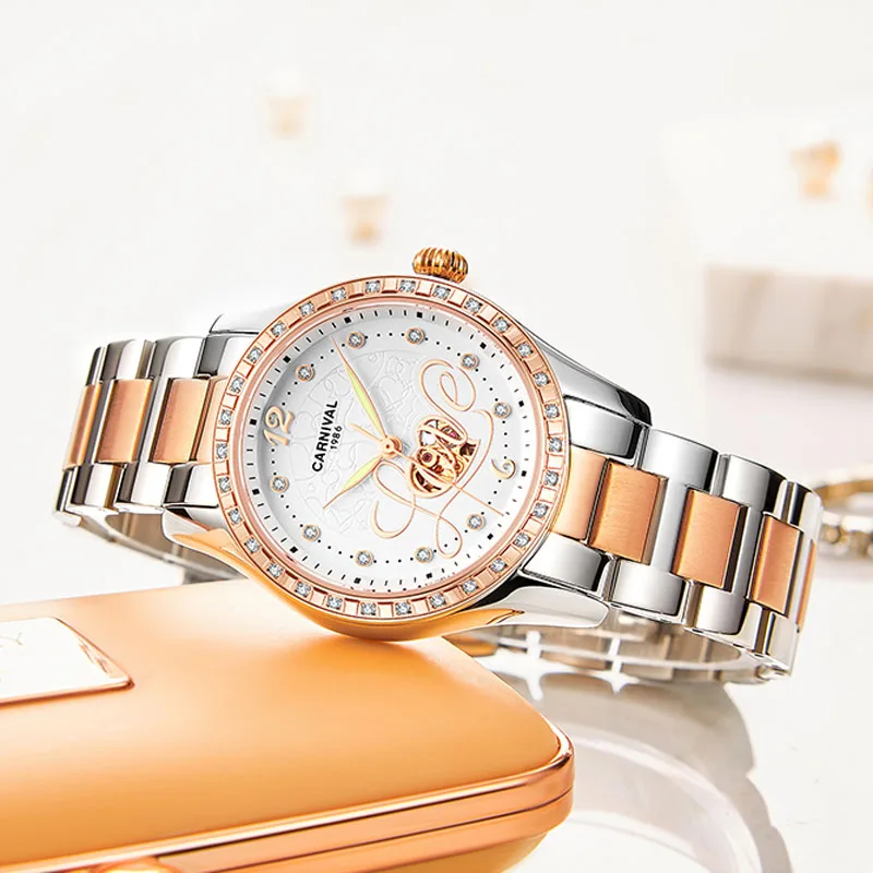 Switzerland CARNIVAL Luxury Brand Automatic Mechanical Women's Watches Skeleton Rhinestone Diamond Waterproof Lady Clocks C8976L
Switzerland CARNIVAL Luxury Brand Automatic Mechanical Women's Watches Skeleton Rhinestone Diamond Waterproof Lady Clocks C8976L