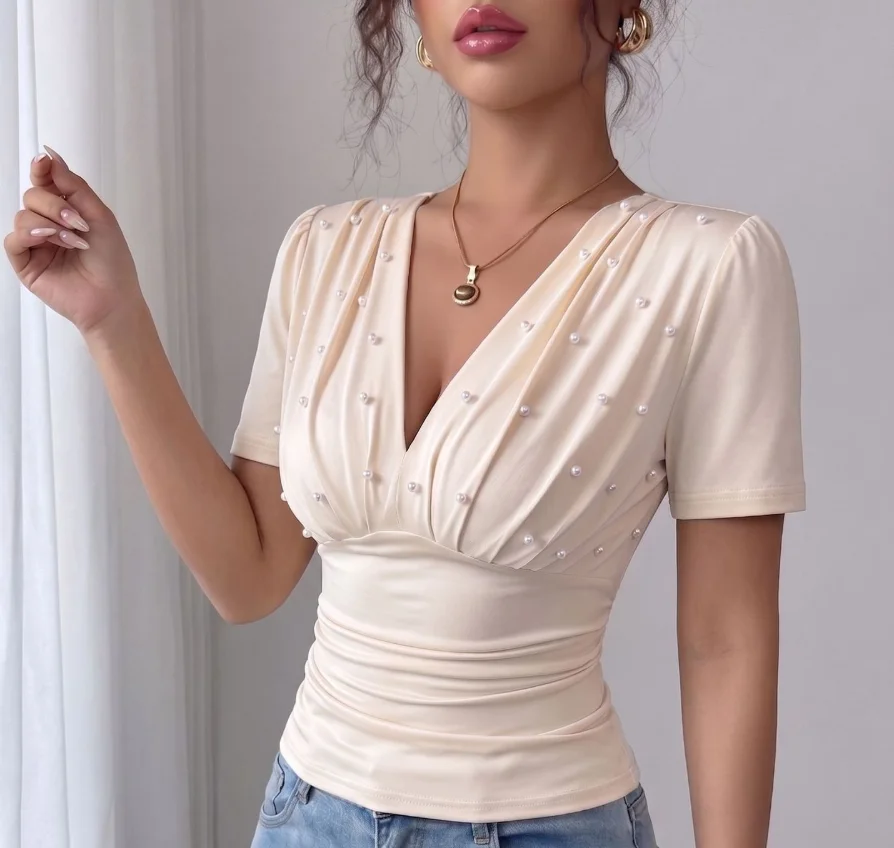Women's T-Shirt 2026 Spring Summer New V-Neck Fashion Beading Decor Solid Color Short Sleeved Slim Fit Daily Casual T-Shirt Top
Women's T-Shirt 2026 Spring Summer New V-Neck Fashion Beading Decor Solid Color Short Sleeved Slim Fit Daily Casual T-Shirt Top