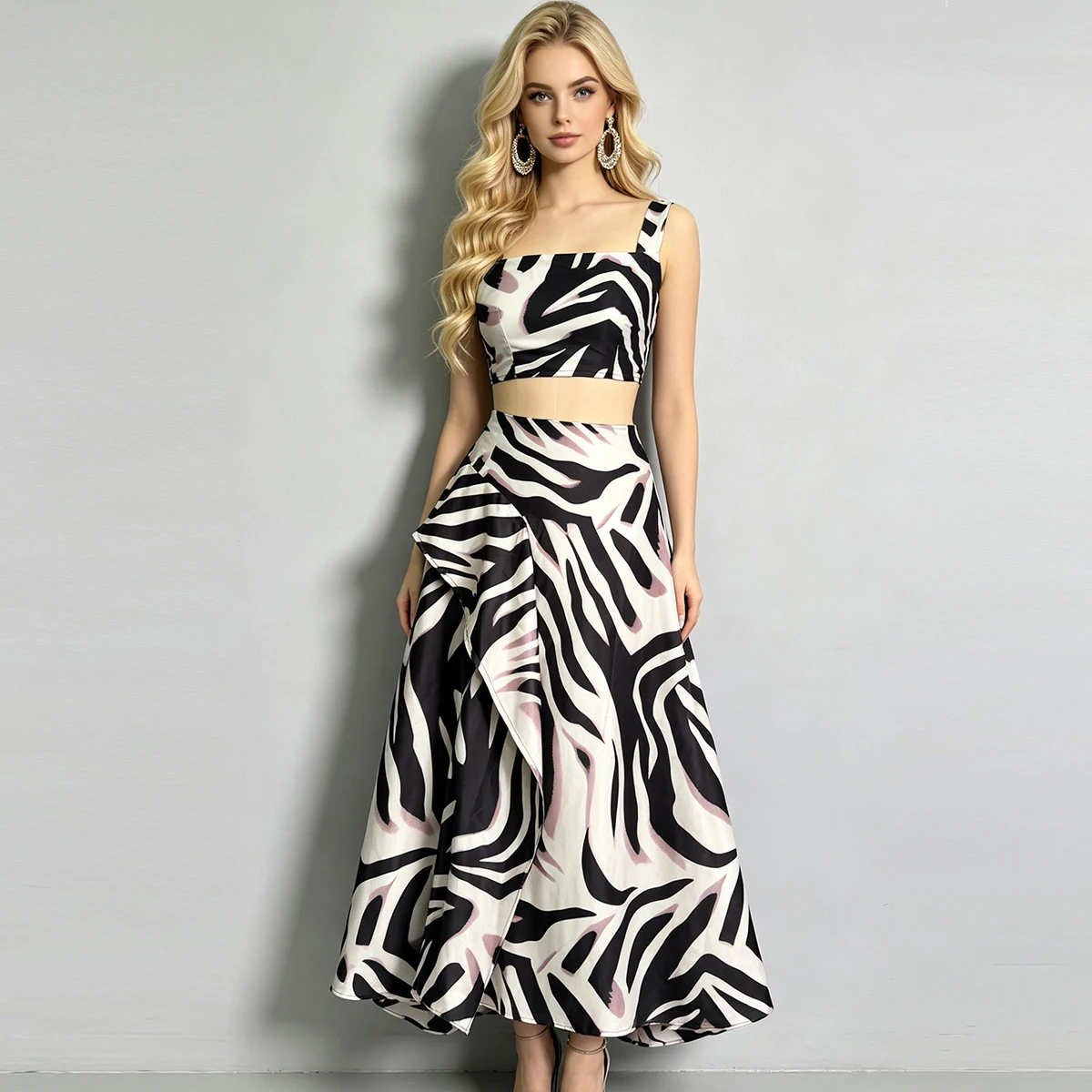 Elegant Zebra Stripe Ruffle Long Skirt Set Women's Sleeveless Sling Crop Top A-Line Skirts Summer Holiday Outfit 2026
Elegant Zebra Stripe Ruffle Long Skirt Set Women's Sleeveless Sling Crop Top A-Line Skirts Summer Holiday Outfit 2026