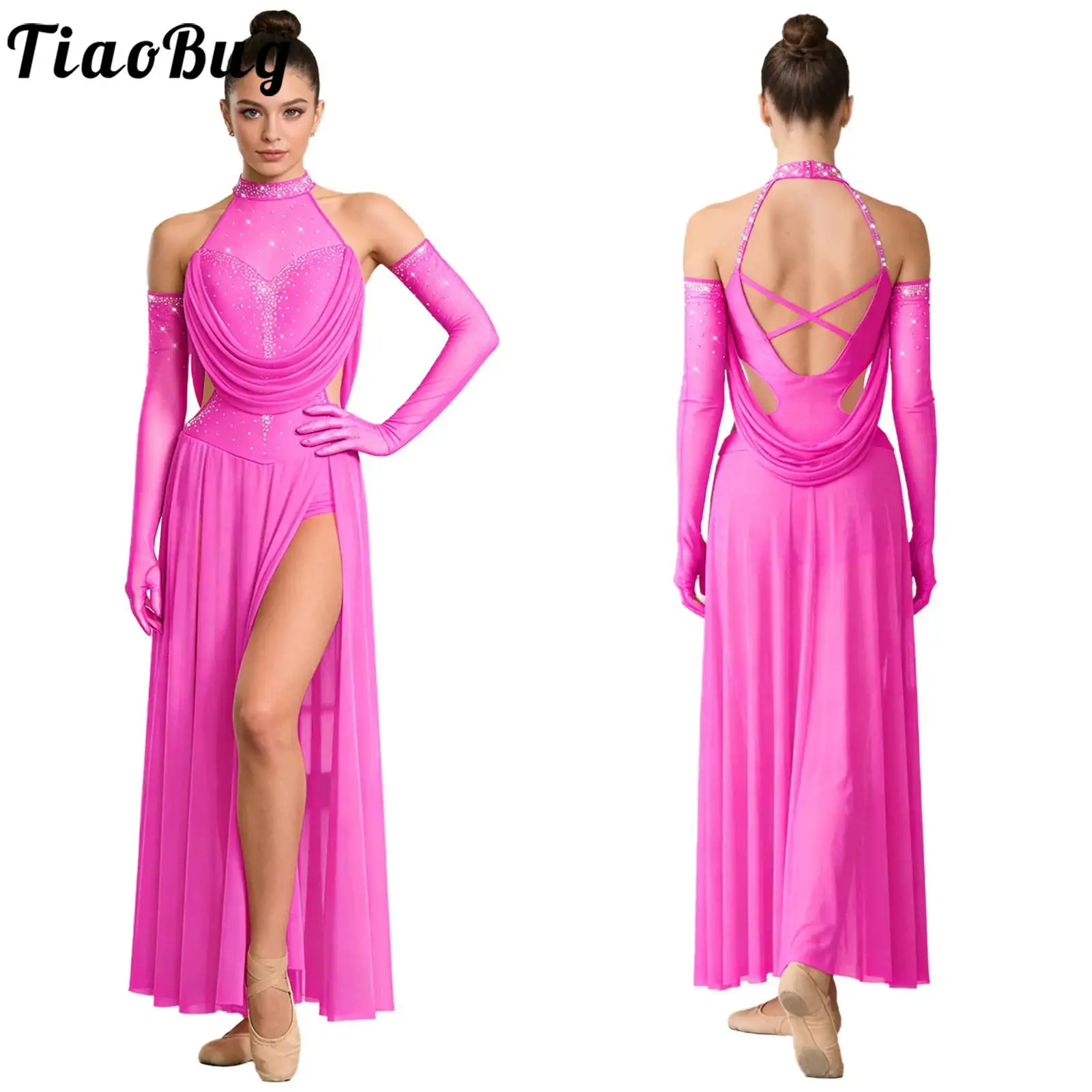 Women Flowy Lyrical Latin Dance Leotard Dress Rhinestones Bodysuit Mesh Dress +Gloves Outfit for Salsa Tango Cha-Cha Performance
Women Flowy Lyrical Latin Dance Leotard Dress Rhinestones Bodysuit Mesh Dress +Gloves Outfit for Salsa Tango Cha-Cha Performance