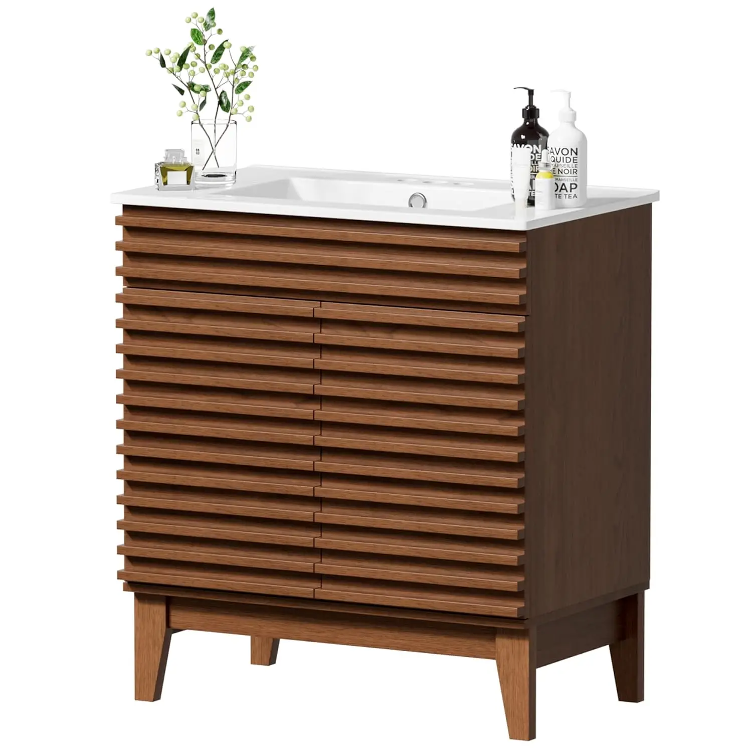 30" Mid-Century Bathroom Vanity Cabinet Ceramic Sink Soft Close Doors Freestanding Particleboard Wood Grain Walnut Customized
30" Mid-Century Bathroom Vanity Cabinet Ceramic Sink Soft Close Doors Freestanding Particleboard Wood Grain Walnut Customized