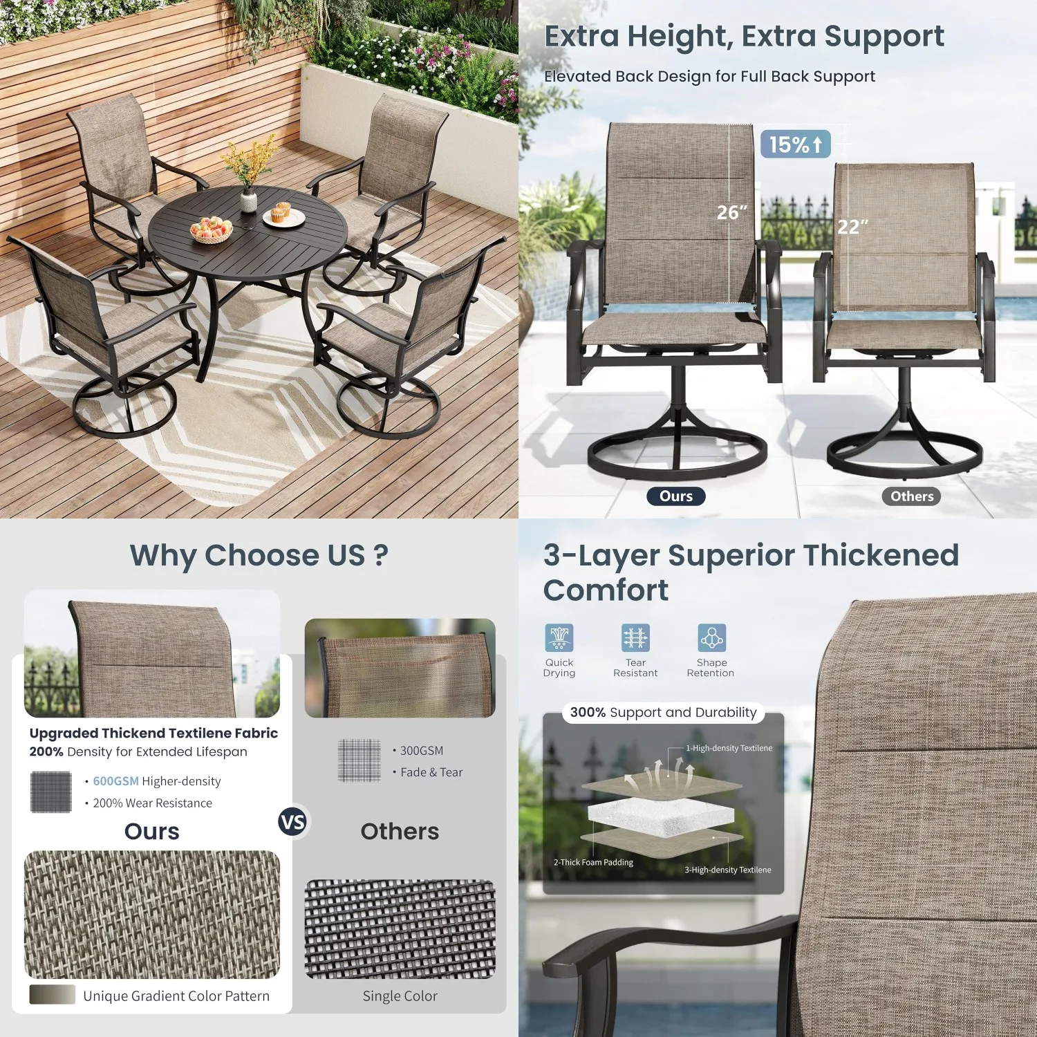 5 Piece Patio Dining Set, 4 Swivel Chairs & Round Table with Umbrella Hole, All Weather Furniture for Garden Lawn, Customized
5 Piece Patio Dining Set, 4 Swivel Chairs & Round Table with Umbrella Hole, All Weather Furniture for Garden Lawn, Customized