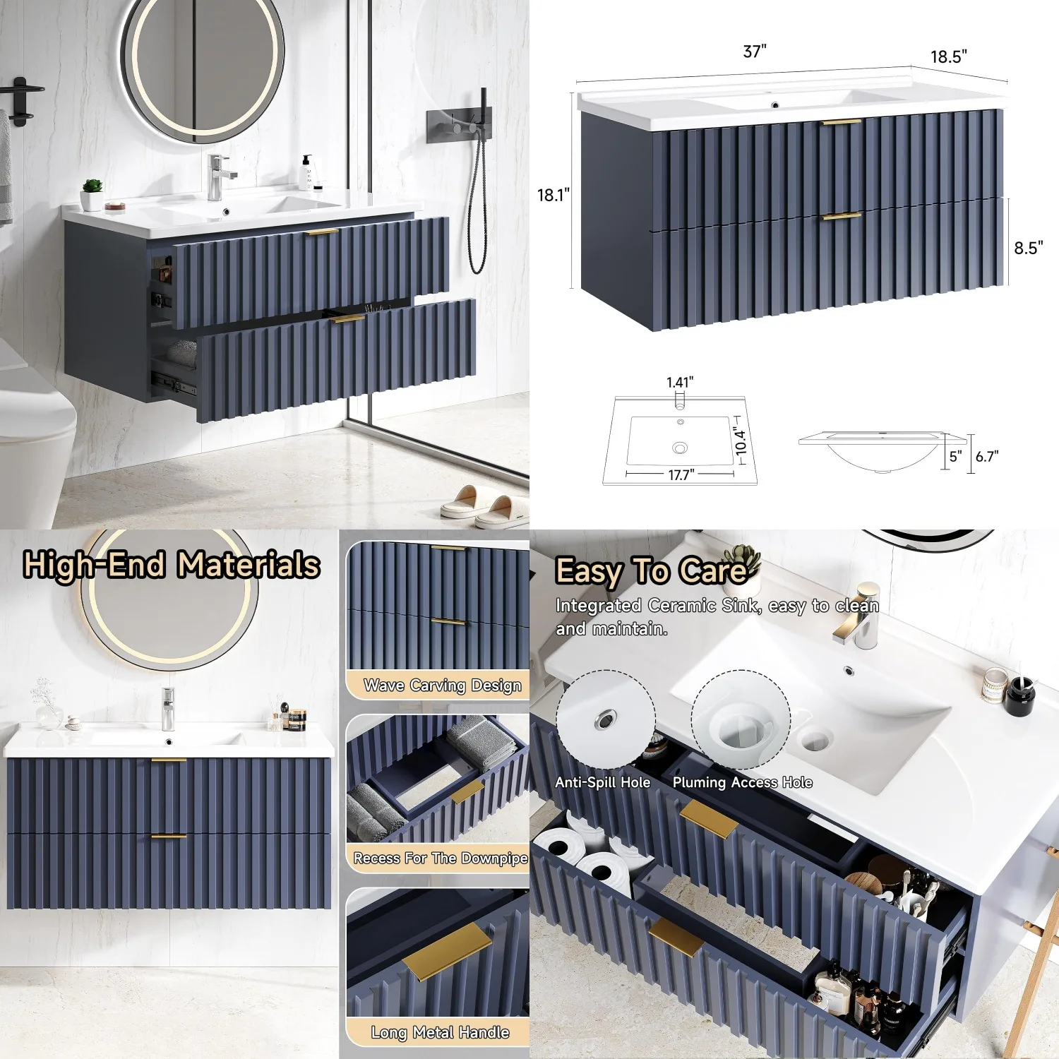 36in Floating Bathroom Vanity Sink Combo 2 Fluted Drawers Metal Handle Wall Mount Cabinet Ceramic Sink Small Space Customized
36in Floating Bathroom Vanity Sink Combo 2 Fluted Drawers Metal Handle Wall Mount Cabinet Ceramic Sink Small Space Customized