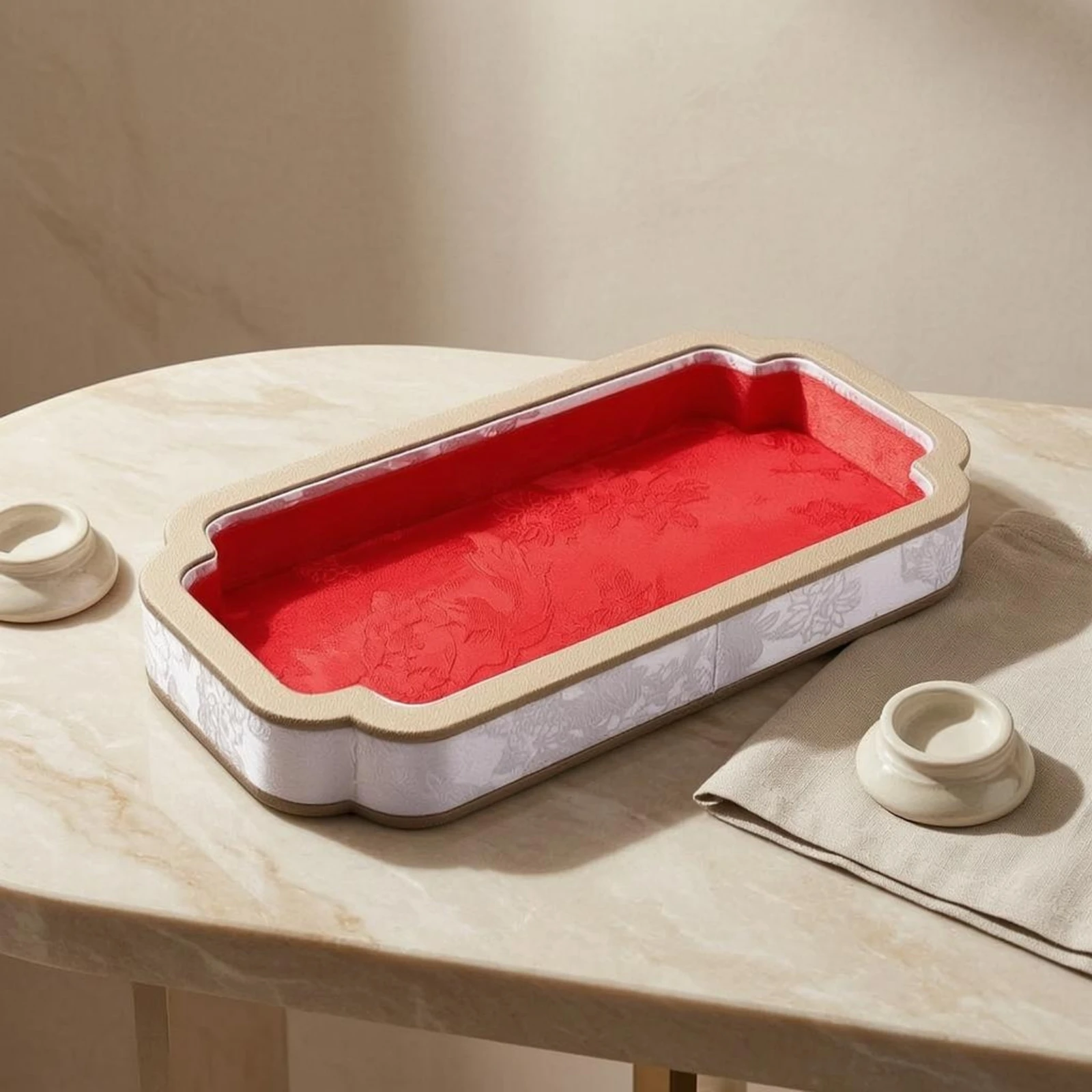 Scalloped Display Tray Patterned Surface Rectangular Jewelry Tray Home Decor Contrasting Trim Raised Sides
Scalloped Display Tray Patterned Surface Rectangular Jewelry Tray Home Decor Contrasting Trim Raised Sides