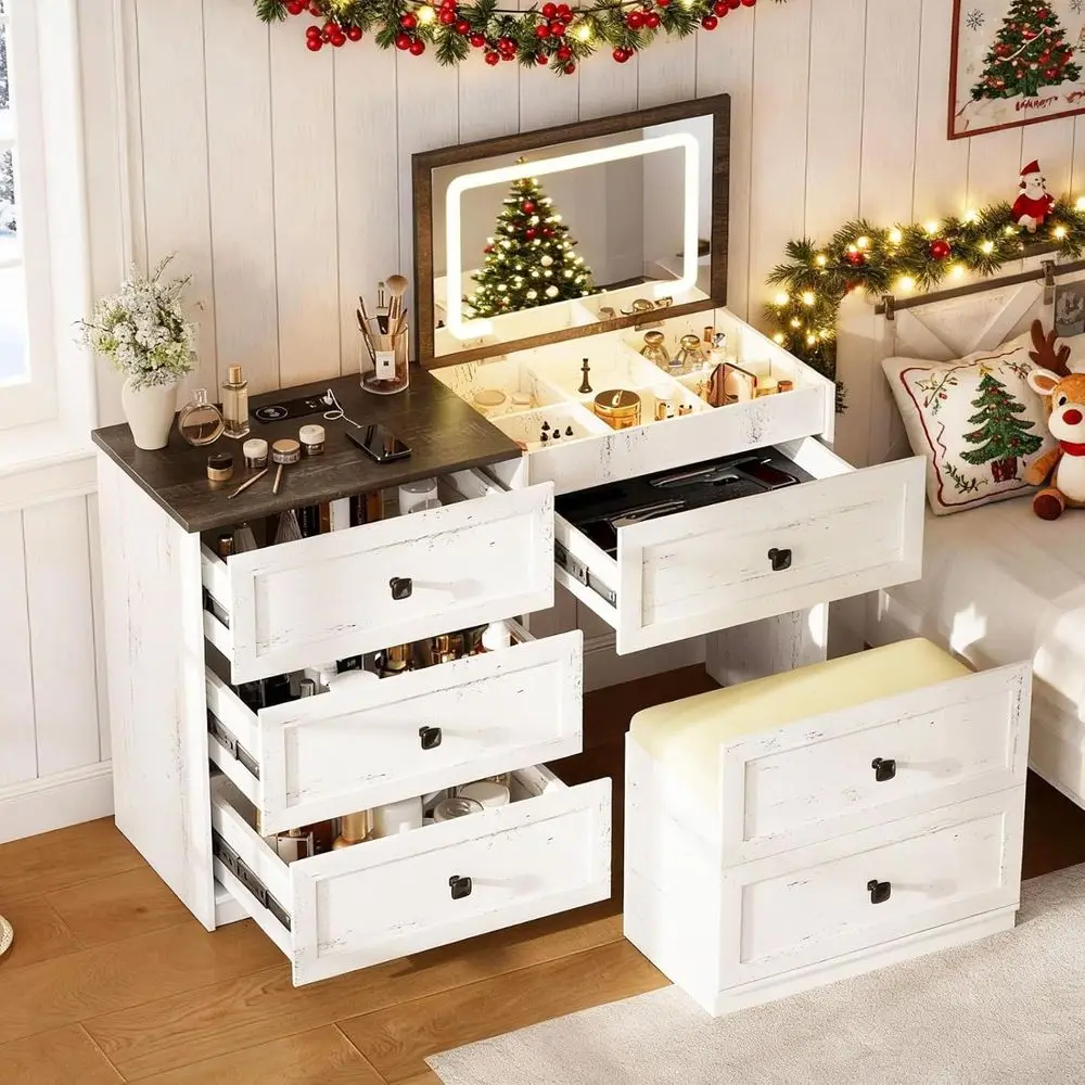 armhouse Vanity Desk with lip Top Mirror and Lights,47" W Makeup Vanity with Hidden Lockable Der,3 Ders and Cushioned Stool,Char
armhouse Vanity Desk with lip Top Mirror and Lights,47" W Makeup Vanity with Hidden Lockable Der,3 Ders and Cushioned Stool,Char
