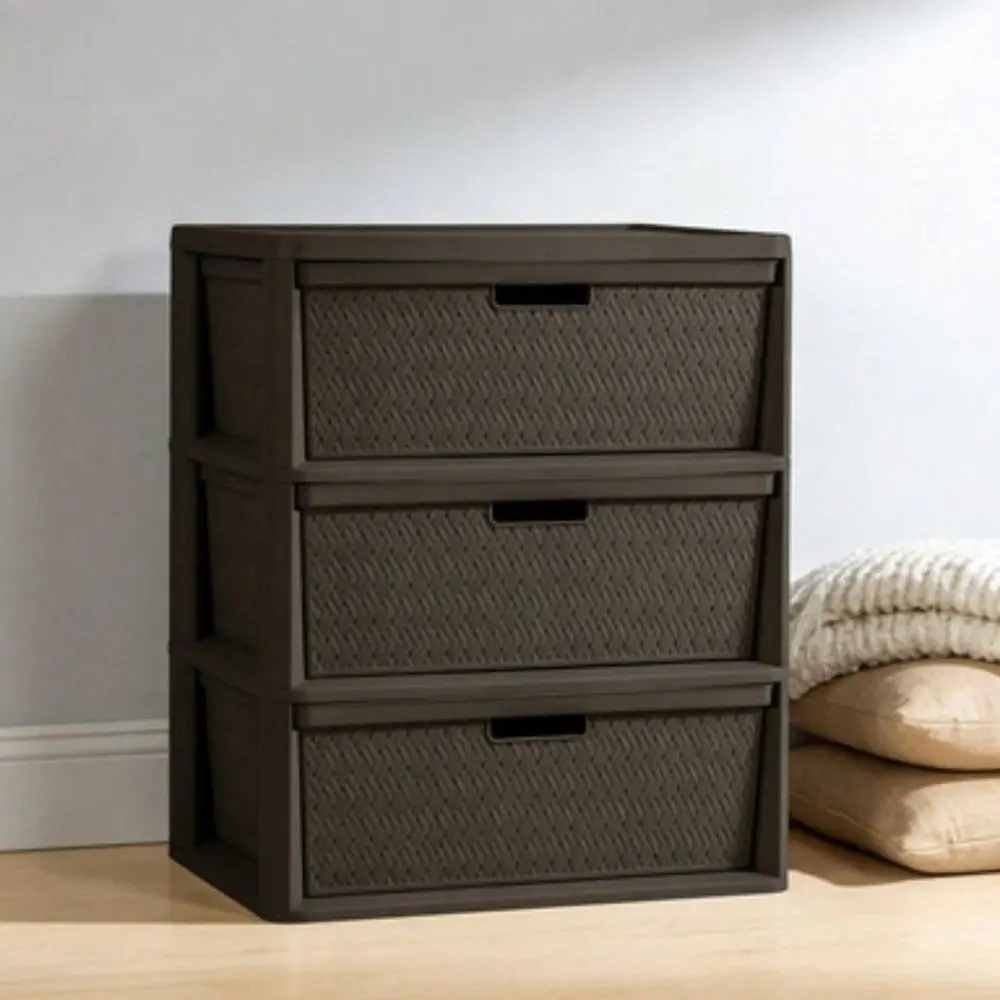 3 Drawer Tower, Easy To Assemble With Removable Decorative CrossWeave Plastic Drawers, Tool, Brown
3 Drawer Tower, Easy To Assemble With Removable Decorative CrossWeave Plastic Drawers, Tool, Brown