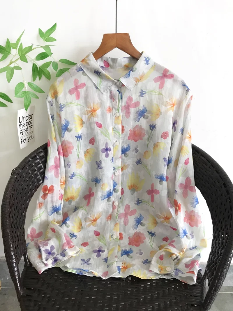 Корейские топы 2025 года, рубашки и блузки с цветочным принтом из 100% льна рами для женщин, осенние топы с длинными рукавами и природой Рами 
Корейские топы 2025 года, рубашки и блузки с цветочным принтом из 100% льна рами для женщин, осенние топы с длинными рукавами и природой Рами
