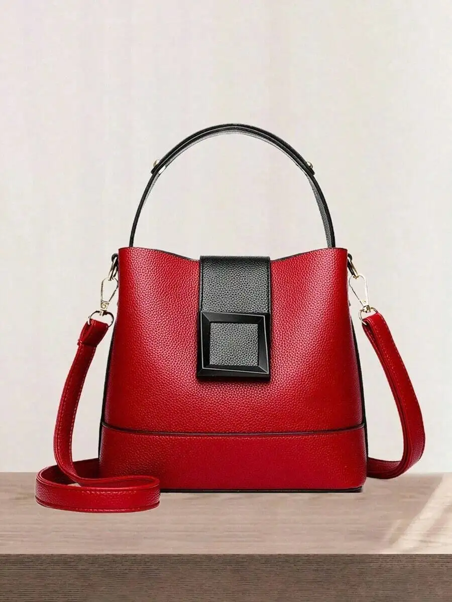 Red And Black Colorblock Bucket Bag With Top Handle And Detachable Crossbody Strap PU Leather Casual Party Handbag
Red And Black Colorblock Bucket Bag With Top Handle And Detachable Crossbody Strap PU Leather Casual Party Handbag