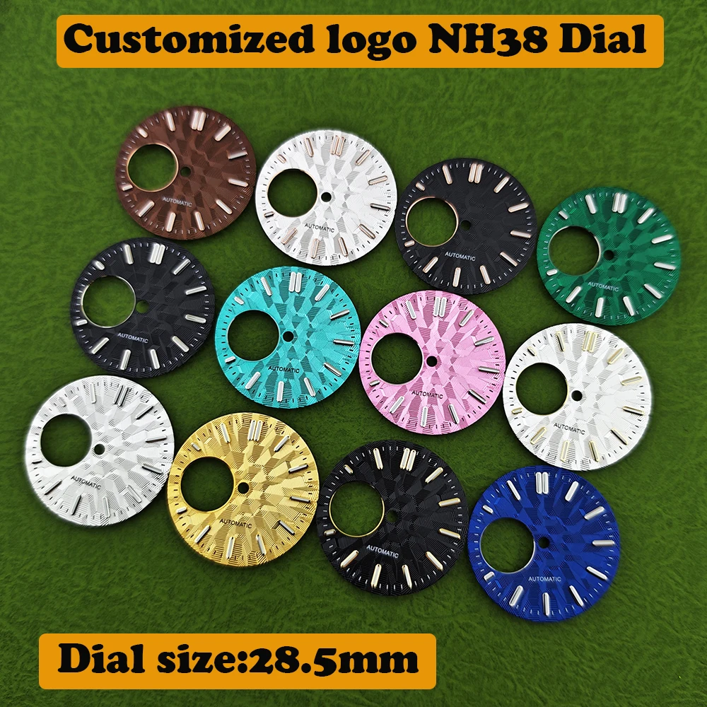 NH38 Customized logo 28.5mm dial green glow in the dark modified watch accessory suitable for NH38 movement diving texture dial
NH38 Customized logo 28.5mm dial green glow in the dark modified watch accessory suitable for NH38 movement diving texture dial