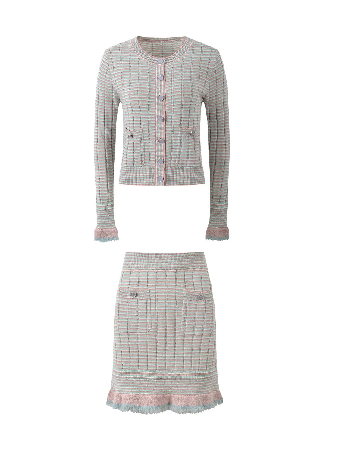 2025 Autumn New Style Knitted round Neck Bell Sleeve Striped Open Cardigan Top And Half Skirt Set for Women Casual Fashion
2025 Autumn New Style Knitted round Neck Bell Sleeve Striped Open Cardigan Top And Half Skirt Set for Women Casual Fashion