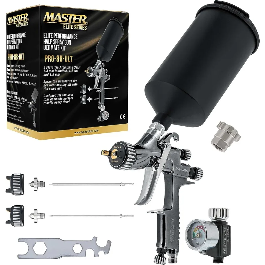 Master Elite Performance PRO88 Series HVLP Spray Gun Ultimate Kit with 3 Fluid Tip Sets 1.3 1.4 and 1.8mm and Air Pressure Regu
Master Elite Performance PRO88 Series HVLP Spray Gun Ultimate Kit with 3 Fluid Tip Sets 1.3 1.4 and 1.8mm and Air Pressure Regu