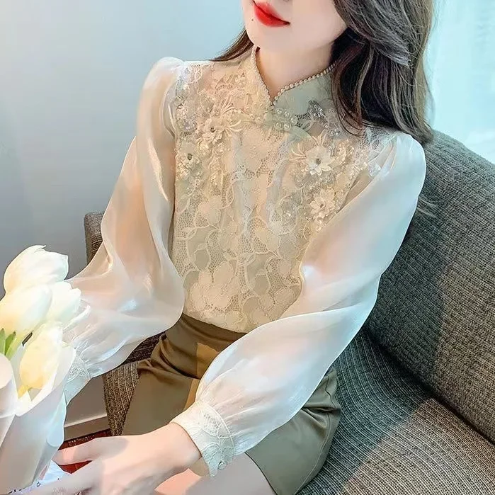 2023 Spring Fall Vintage Women Chinese Lace Patchwork Full Sleeve Chiffon Top Shirt , Woman Chipao Pearls Button Beige Tops
2023 Spring Fall Vintage Women Chinese Lace Patchwork Full Sleeve Chiffon Top Shirt , Woman Chipao Pearls Button Beige Tops