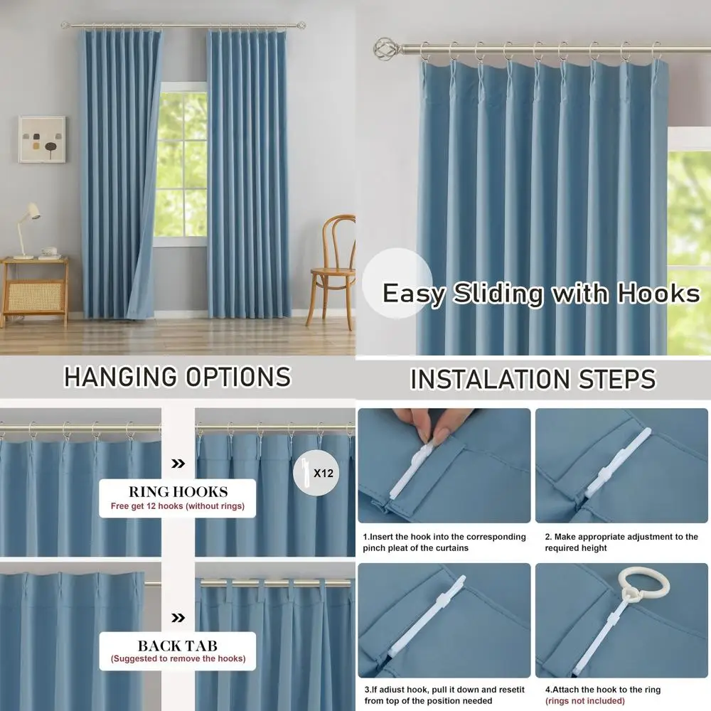 Dusty Blue 102 Pinch Pleat Blackout Curtains with Hooks, 40W x 102L, Thermal Insulated Panels for Living & Bedroom
Dusty Blue 102 Pinch Pleat Blackout Curtains with Hooks, 40W x 102L, Thermal Insulated Panels for Living & Bedroom