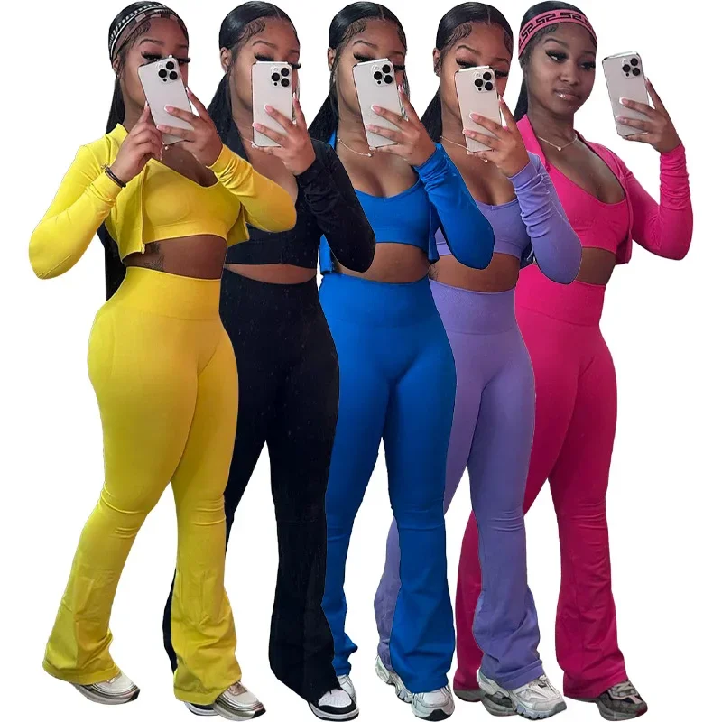 Women Suit Autumn Solid Color Sportswear Short Coat Zipper Sweatshirt Sports Casual Flare Pants Three Piece Sets Tracksuit
Women Suit Autumn Solid Color Sportswear Short Coat Zipper Sweatshirt Sports Casual Flare Pants Three Piece Sets Tracksuit