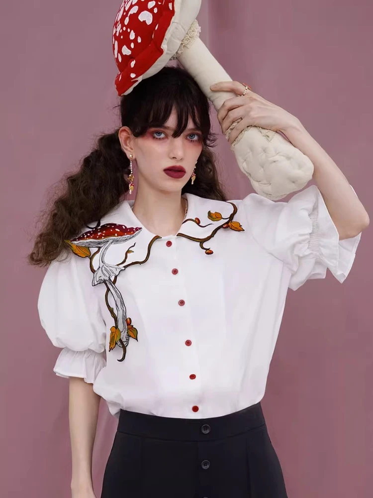 100-108cm Bust Spring Summer White Shirts Original Design Women Vintage Elegant Loose Mushroom Embroidered Collar Shirts/Blouses
100-108cm Bust Spring Summer White Shirts Original Design Women Vintage Elegant Loose Mushroom Embroidered Collar Shirts/Blouses