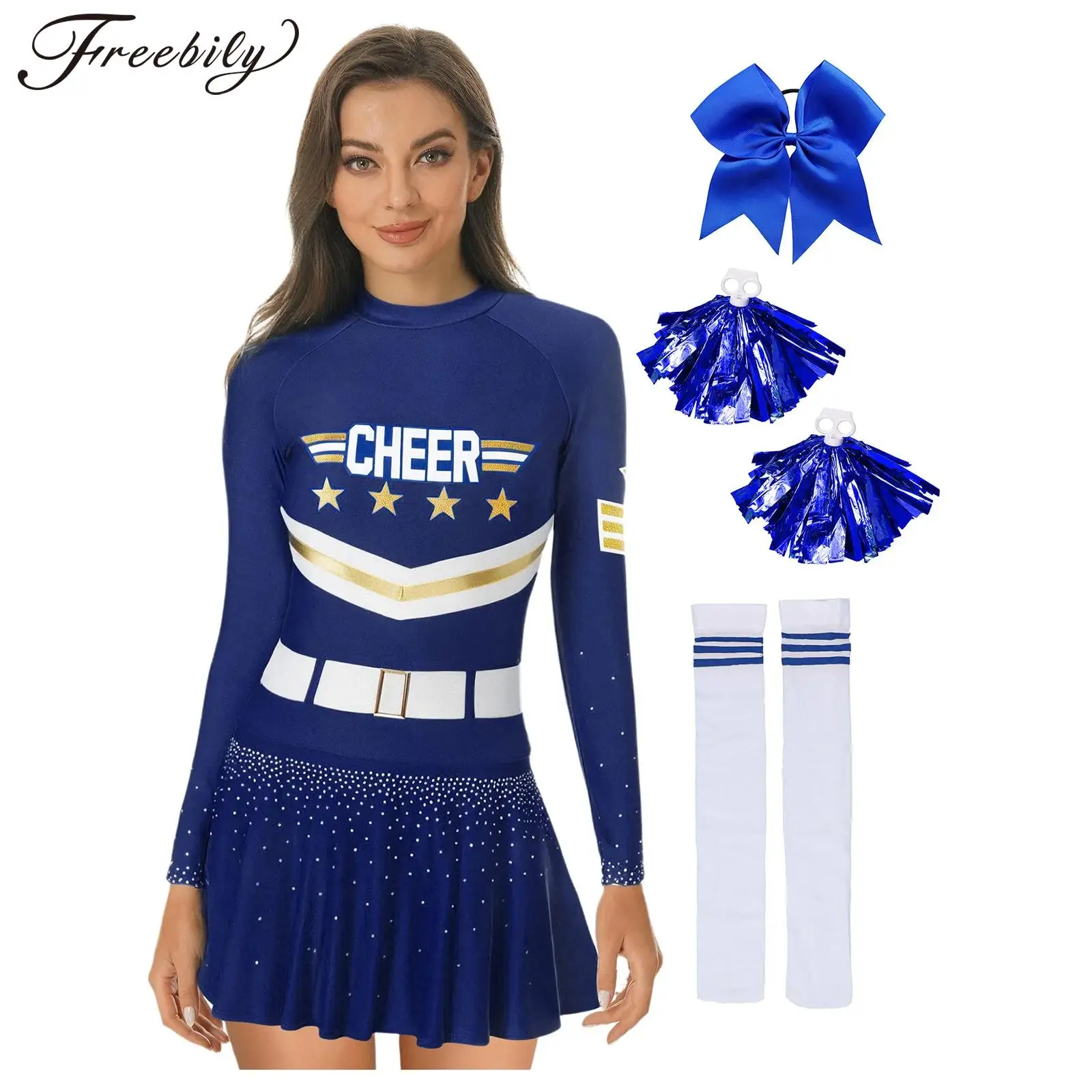 Women Halloween Cosplay Cheerleader Costumes Party Outfits Girls Cheer Dance Dress with Hand Flowers Bowknot Hair Ties Socks
Women Halloween Cosplay Cheerleader Costumes Party Outfits Girls Cheer Dance Dress with Hand Flowers Bowknot Hair Ties Socks