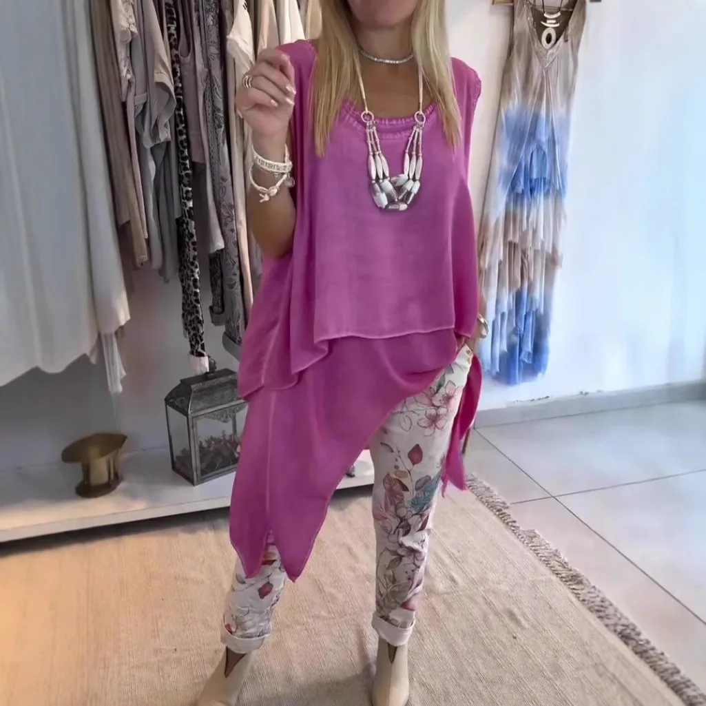 Spring Summer New Casual Two Piece Set Women Loose Round Neck Sleeveless Irregular Pullover Top Printed Small Feet Pants Set
Spring Summer New Casual Two Piece Set Women Loose Round Neck Sleeveless Irregular Pullover Top Printed Small Feet Pants Set