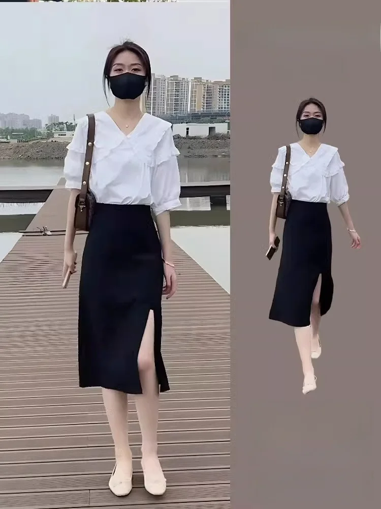 Summer Slimming Meat Covering High-End Feel Half-length Split Skirt Two-piece Set Women's Fashion Ensemble Polyester Fabric
Summer Slimming Meat Covering High-End Feel Half-length Split Skirt Two-piece Set Women's Fashion Ensemble Polyester Fabric