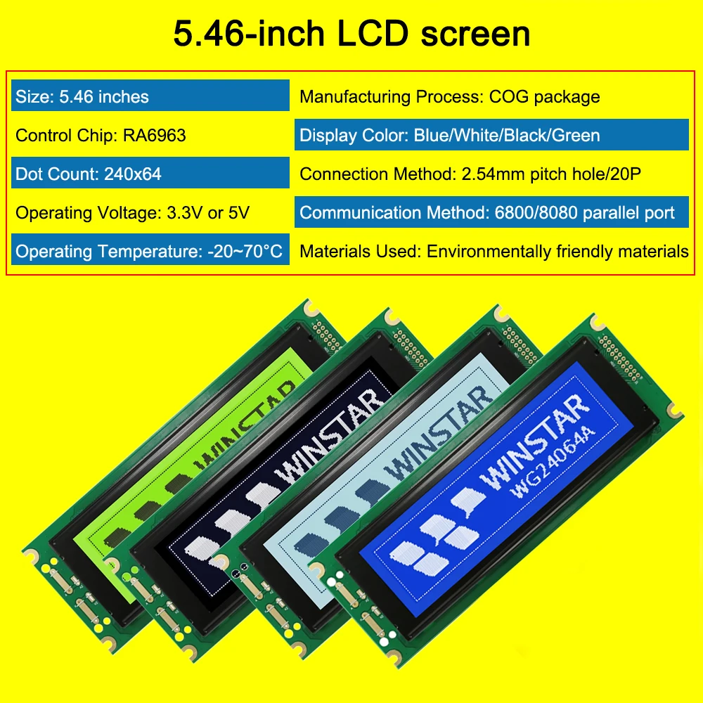 Модуль ЖК-дисплея WG24064-A с высоким разрешением, 5,46 дюйма, шаг отверстий 2,54 мм/20 контактов, сильная защита от помех, разрешение 240x64
Модуль ЖК-дисплея WG24064-A с высоким разрешением, 5,46 дюйма, шаг отверстий 2,54 мм/20 контактов, сильная защита от помех, разрешение 240x64