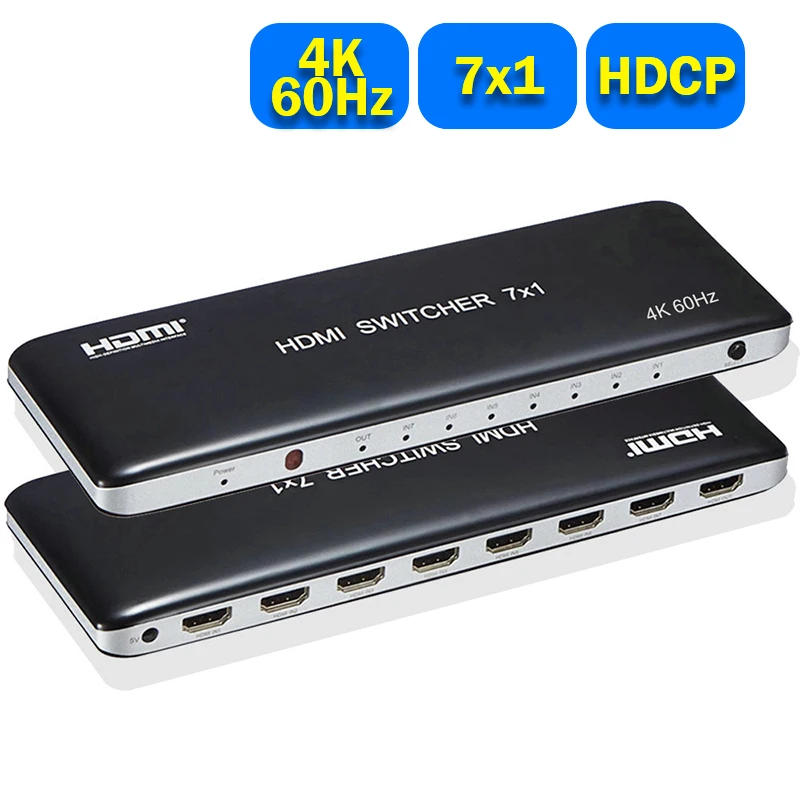 4K 60Hz HDMI Switch 7x1 HDMI 2.0 Video Selector Switcher 7 in 1 out with Remote Support HDR HDCP2.2 for PS4 DVD PC HDTV Monitor
4K 60Hz HDMI Switch 7x1 HDMI 2.0 Video Selector Switcher 7 in 1 out with Remote Support HDR HDCP2.2 for PS4 DVD PC HDTV Monitor