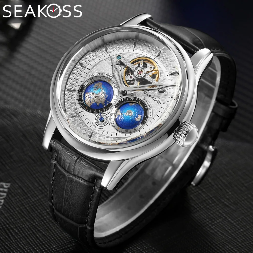SEAKOSS 47mm Double Earth Rotating Men's Mechanical Watch Automatic Movement Flywheel Wristwatches 5Bar Waterproof Leather Strap
SEAKOSS 47mm Double Earth Rotating Men's Mechanical Watch Automatic Movement Flywheel Wristwatches 5Bar Waterproof Leather Strap