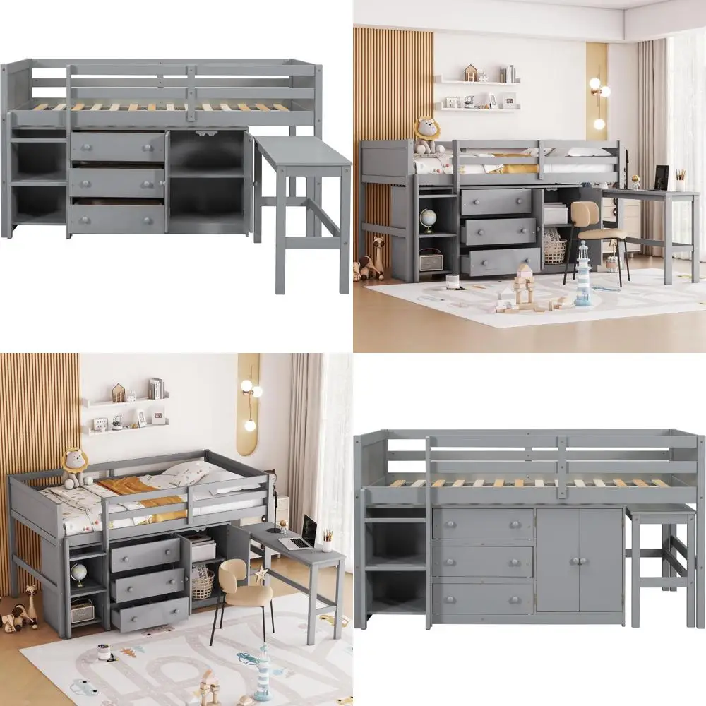 Серая двухъярусная кровать-чердак с выдвижным столом, ящиками для хранения и полками для детей
Серая двухъярусная кровать-чердак с выдвижным столом, ящиками для хранения и полками для детей