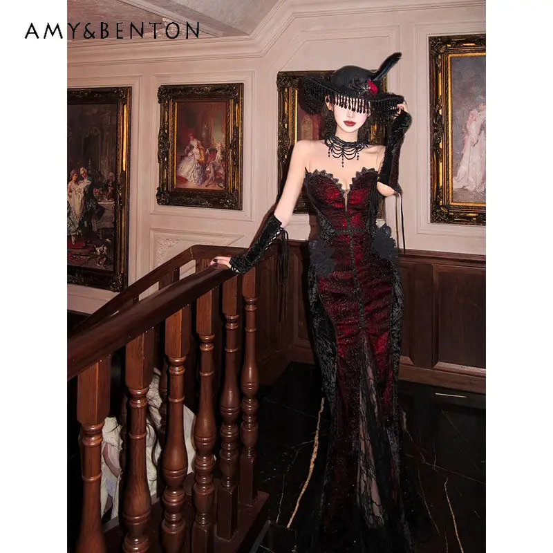 Women Summer Dark Gothic Style Red Black Strapless Corset Lace Mermaid Dress + Sheer Cropped Open Cardigan 2 Piece Outfit
Women Summer Dark Gothic Style Red Black Strapless Corset Lace Mermaid Dress + Sheer Cropped Open Cardigan 2 Piece Outfit