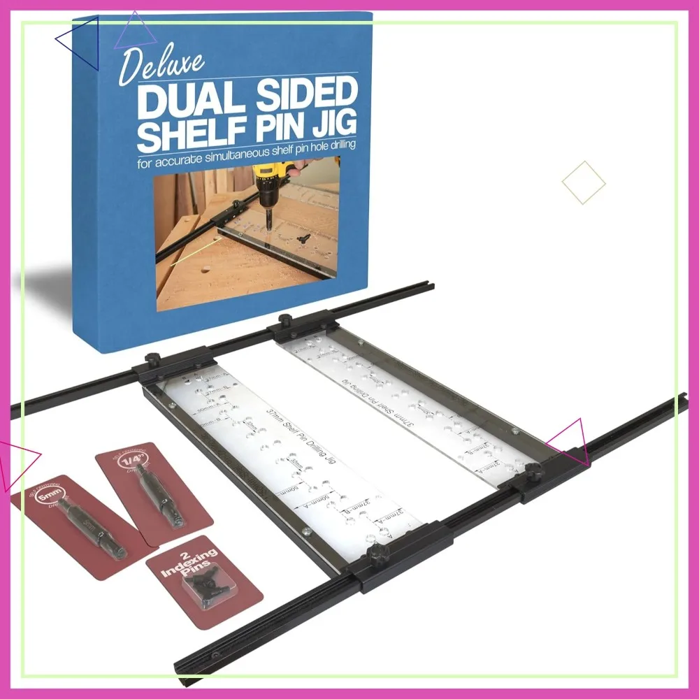 Dual Sided Shelf Pin Jig with 1/4" & 5mm Self Centering Bits, Adjustable Alignment for Easy Shelving Setup
Dual Sided Shelf Pin Jig with 1/4" & 5mm Self Centering Bits, Adjustable Alignment for Easy Shelving Setup